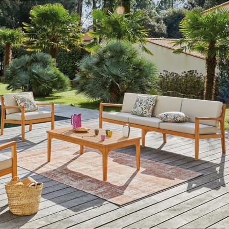 Canapé de jardin bois de Teck et tissu - Murcia - 3 places - Vue d'ensemble avec fauteuil Canapé de jardin bois de Teck et tissu - Murcia - 3 places - Vue d'ensemble avec fauteuil
