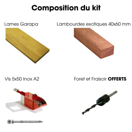 Kit terrasse complet - GARAPA - Ep.21 mm x l.145 mm - L.1,55 m - À partir de 10 m² Kit terrasse complet - GARAPA - Ep.21 mm x l.145 mm - L.1,55 m - À partir de 10 m²