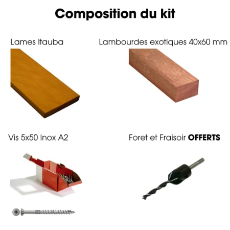 Kit terrasse complet - ITAUBA - Ep.21 mm x l.145 mm - L.1,25 m - À partir de 10 m² Kit terrasse complet - ITAUBA - Ep.21 mm x l.145 mm - L.1,25 m - À partir de 10 m²
