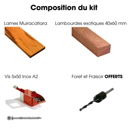 Kit terrasse complet - MUIRACATIARA - Ep.21 mm x l.145 mm - L.1,85 m - À partir de 10 m² Kit terrasse complet - MUIRACATIARA - Ep.21 mm x l.145 mm - L.1,85 m - À partir de 10 m²