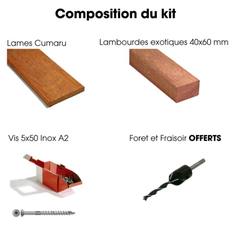 Kit terrasse complet - CUMARU - Ep.21 mm x l.145 mm - L.1,55 m - À partir de 10 m² Kit terrasse complet - CUMARU - Ep.21 mm x l.145 mm - L.1,55 m - À partir de 10 m²