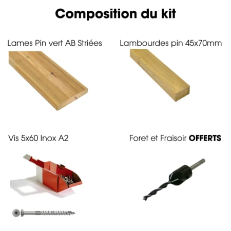 Kit terrasse complet - PIN VERT - AB STRIÉ - Ep.27 mm x l.145 mm - L.3 m - À partir de 10 m² Kit terrasse complet - PIN VERT - AB STRIÉ - Ep.27 mm x l.145 mm - L.3 m - À partir de 10 m²