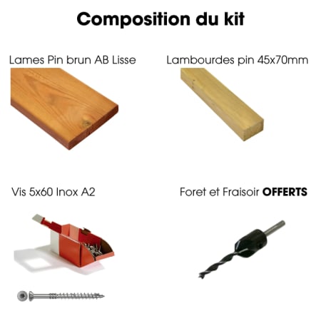 Kit terrasse complet - PIN BRUN - AB LISSE - Ep.20 mm x l.120 mm - L.3 m - À partir de 10 m² Kit terrasse complet - PIN BRUN - AB LISSE - Ep.20 mm x l.120 mm - L.3 m - À partir de 10 m²