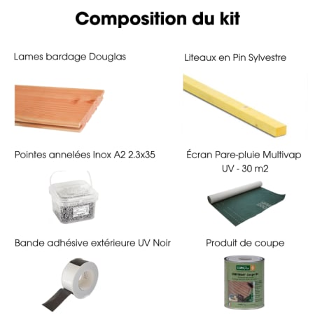 Kit bardage complet - Traditionnel - DOUGLAS - Ep.20 mm x l.132 mm - L4. m - À partir de 15 m² Kit bardage complet - Traditionnel - DOUGLAS - Ep.20 mm x l.132 mm - L4. m - À partir de 15 m²