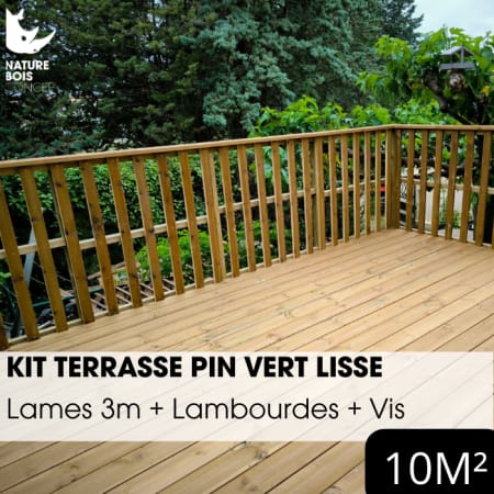 Kit terrasse complet - PIN VERT - AB LISSE - Ep.27 mm x l.145 mm - L.3 m - À partir de 10 m² Kit terrasse complet - PIN VERT - AB LISSE - Ep.27 mm x l.145 mm - L.3 m - À partir de 10 m²