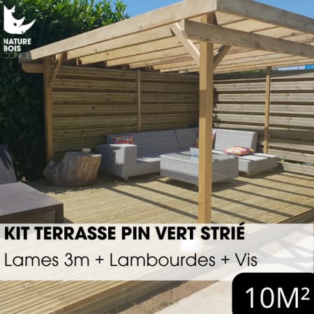 Kit terrasse complet - PIN VERT - AB STRIÉ - Ep.27 mm x l.145 mm - L.3 m - À partir de 10 m² Kit terrasse complet - PIN VERT - AB STRIÉ - Ep.27 mm x l.145 mm - L.3 m - À partir de 10 m²