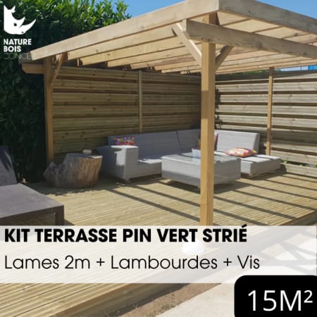 Kit terrasse complet - PIN VERT - AB STRIÉ - Ep.27 mm x l.145 mm - L.2 m - À partir de 10 m² Kit terrasse complet - PIN VERT - AB STRIÉ - Ep.27 mm x l.145 mm - L.2 m - À partir de 10 m²