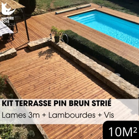 Kit terrasse complet - PIN BRUN - AB STRIÉ - Ep.27 mm x l.145 mm - L.3 m - À partir de 10 m² Kit terrasse complet - PIN BRUN - AB STRIÉ - Ep.27 mm x l.145 mm - L.3 m - À partir de 10 m²