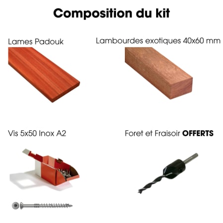 Kit terrasse complet - PADOUK - Ep.21 mm x l.145 mm - L.1 m - &Agrave; partir de 10 m&sup2; composition du kit