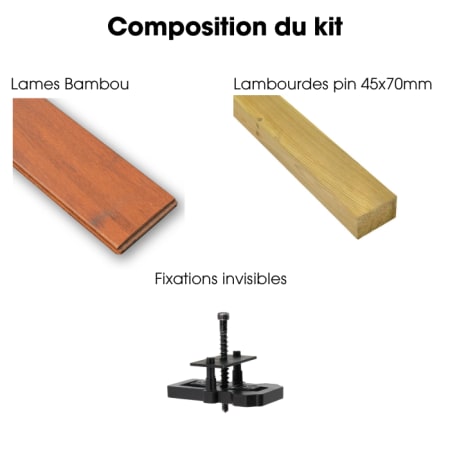 Kit terrasse complet - MOSO&reg; BAMBOO NDURANCE - Ep.20 mm x l.155 mm - L.1,85 m - &Agrave; partir de 10 m&sup2; composition du kit