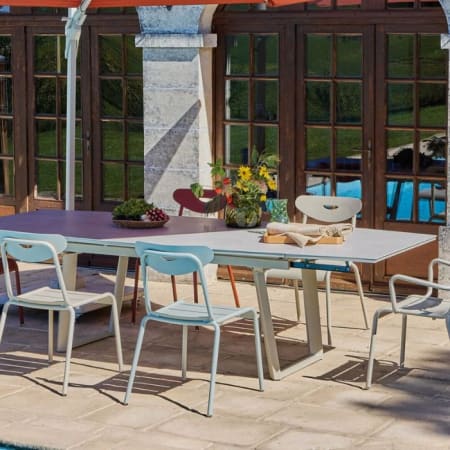 Table de jardin extensible aluminium plateau c&eacute;ramique - Manta - L.180/230/280 x l.110 cm - coloris creme avec chaises