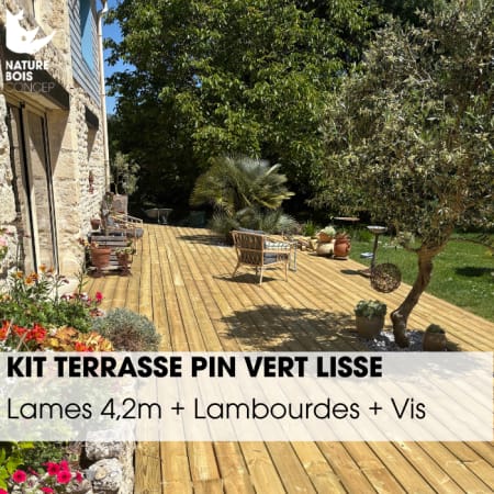 Kit terrasse complet - PIN VERT - AB LISSE - Ep.27 mm x l.145 mm - L.4,2 m - &Agrave; partir de 10 m&sup2;
