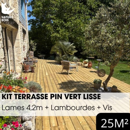 Kit terrasse complet - PIN VERT - AB LISSE - Ep.27 mm x l.145 mm - L.4,2 m - &Agrave; partir de 10 m&sup2;