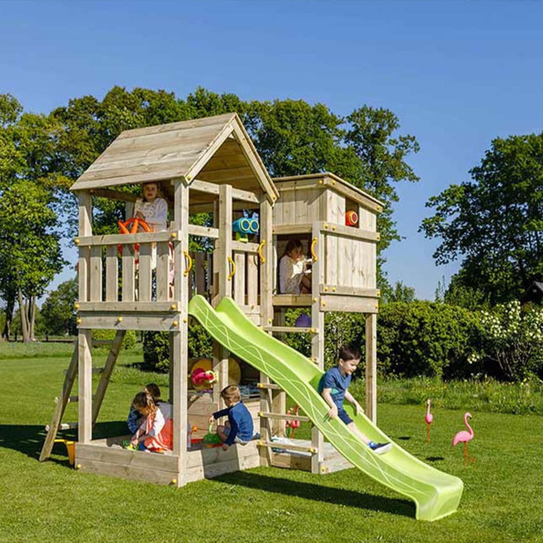 Aire de jeux en bois pour enfant : portique, cabane, balançoire