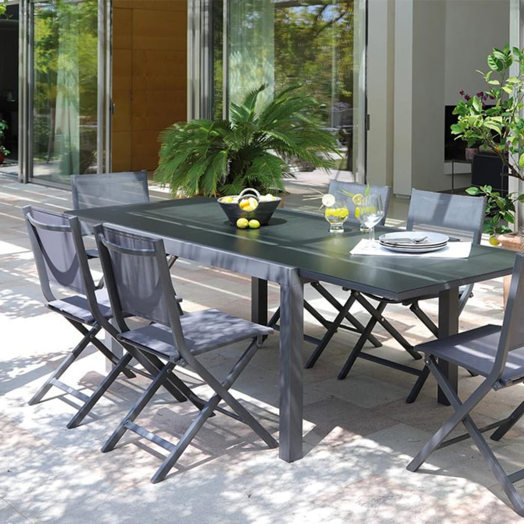 Table Elise 6/6 grise + 6 chaises/fauteuils Table Elise 6/6 grise + 6 chaises/fauteuils