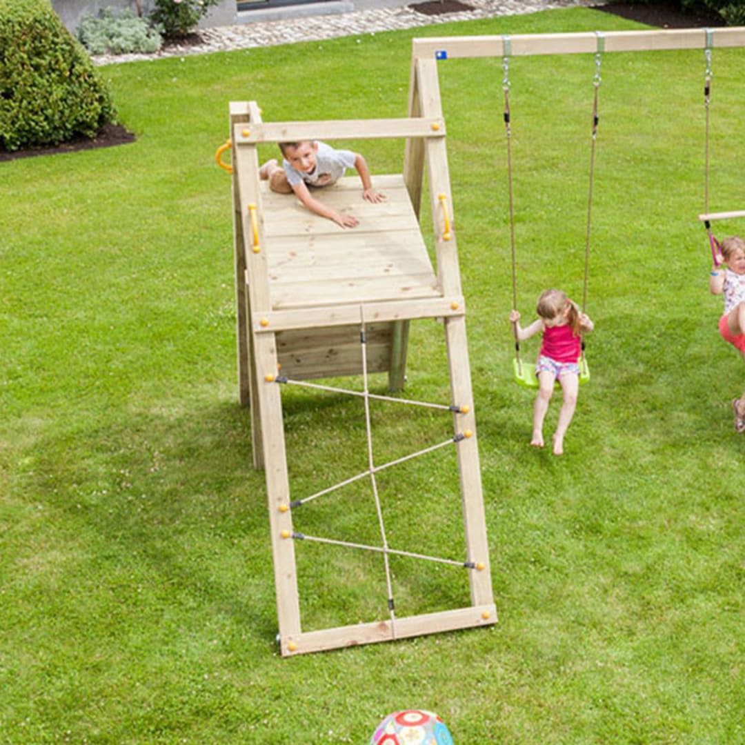 Balançoire Double pour Enfants en Bois Massif avec Toboggan, Naturel