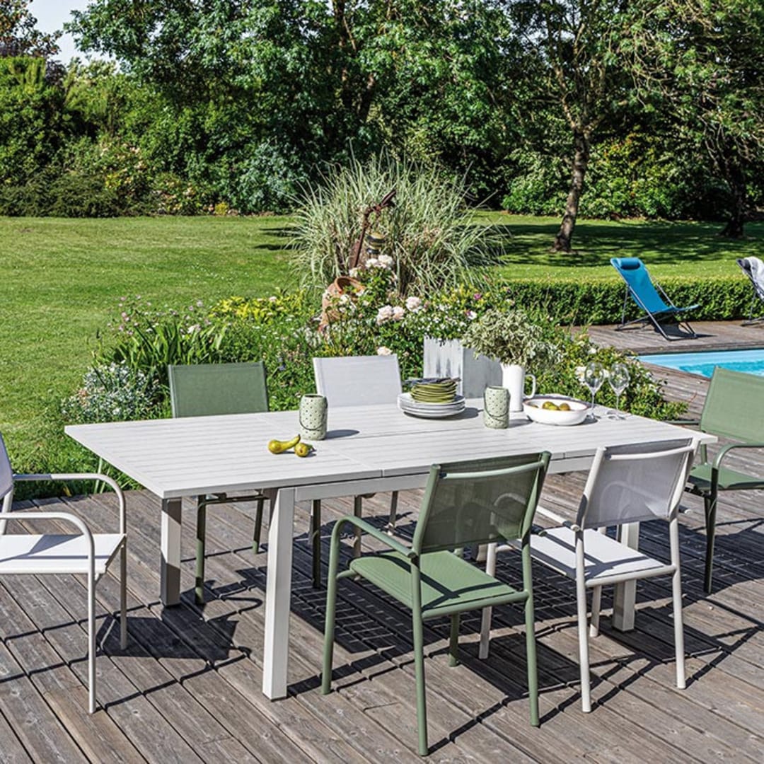 Table de jardin extensible en aluminium et teck 6/10 places