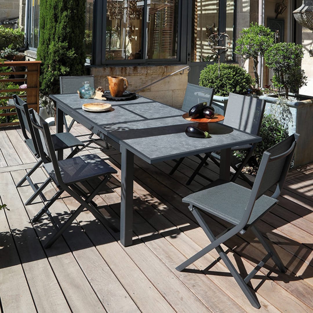 Table de jardin extensible aluminium gris 160/240cm + 8 fauteuils