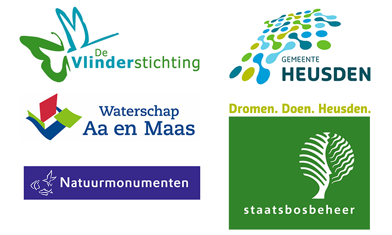 Logo's Staatsbosbeheer, Gemeente Heusden, de Vlinderstichting, Waterschap Aa en Maas en Natuurmonumenten