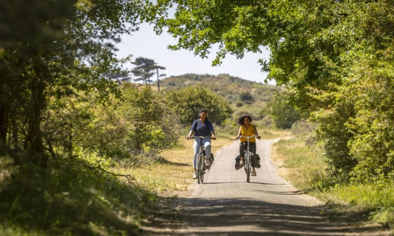 Twee fietsers op een fietspad tussen de bomen