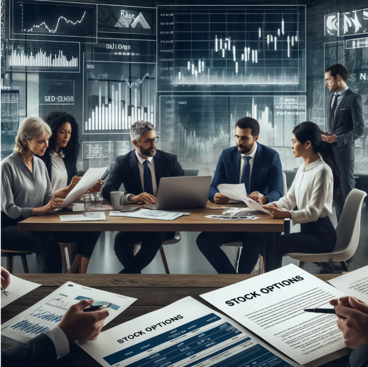 People viewing stock options and restricted stock