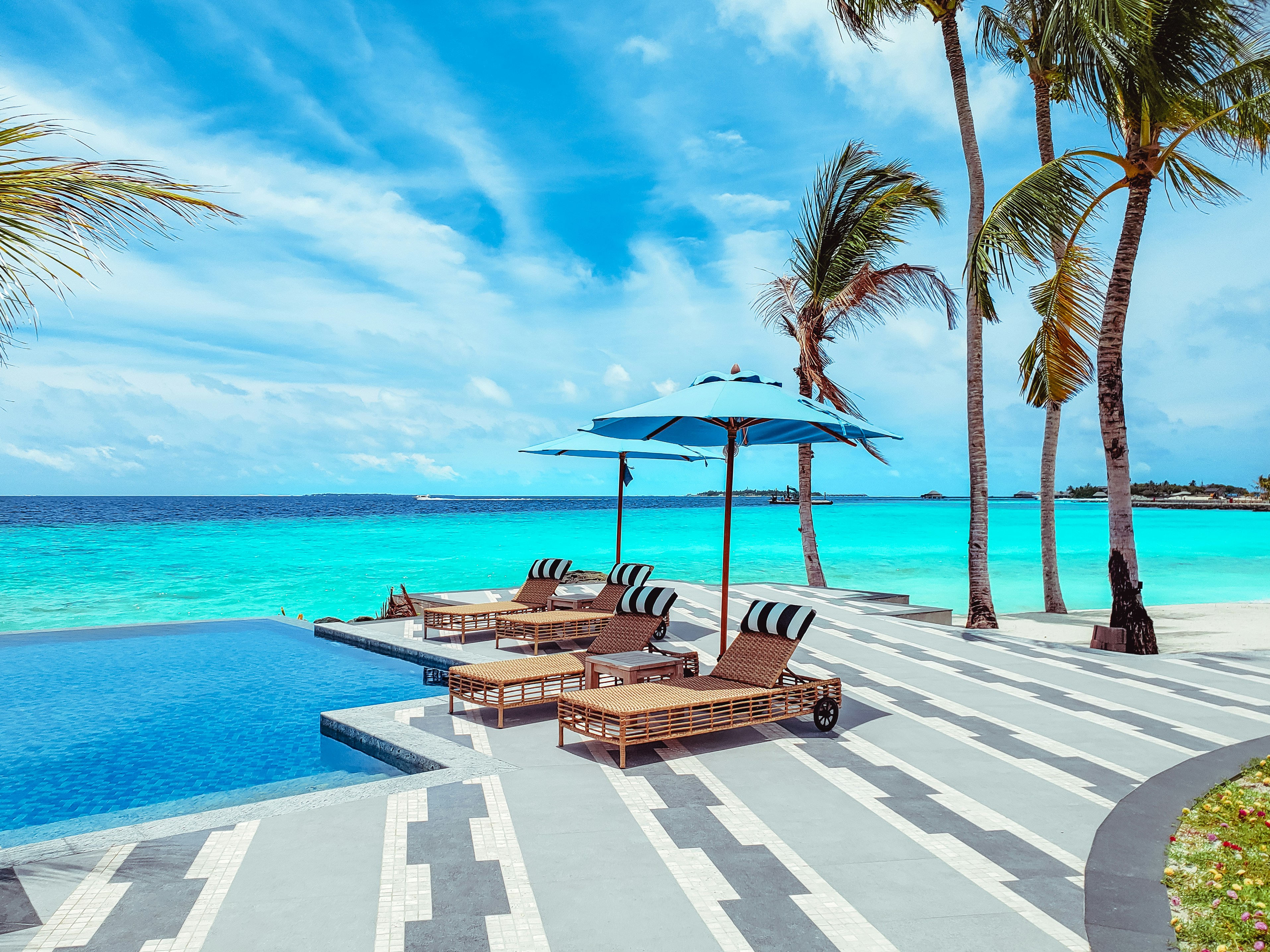 brown wooden lounge chairs on beach during daytime