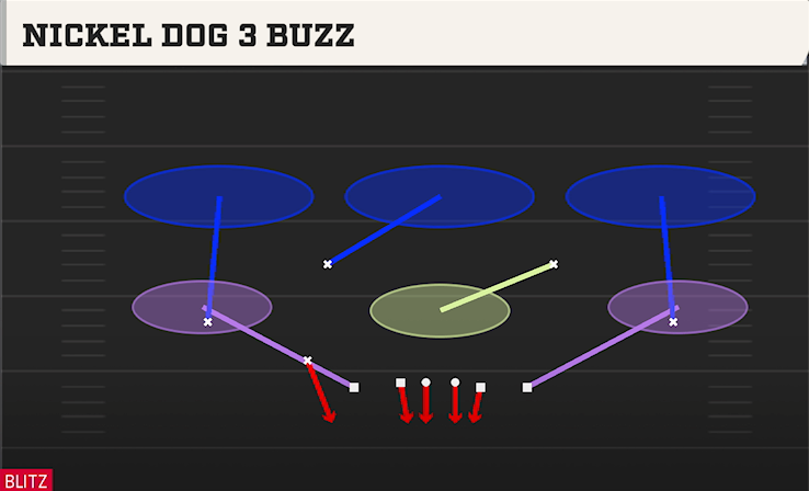 NICKEL DOG 3 BUZZ play diagram College Football 27