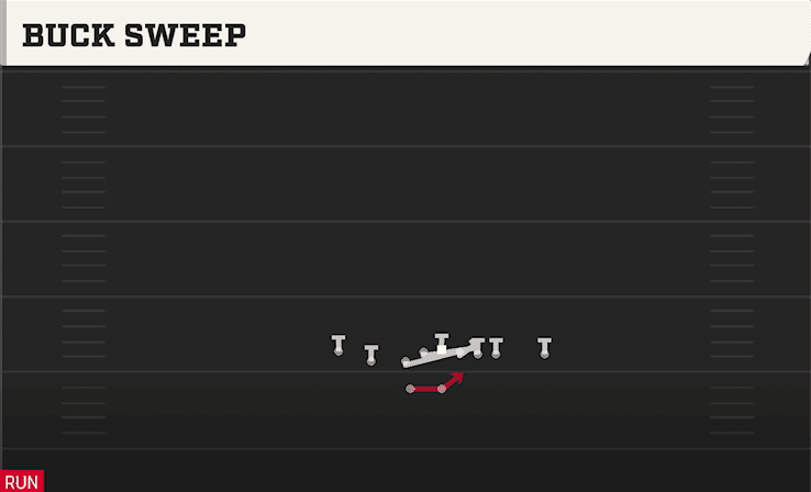 Buck Sweep play art from Shotgun Tackle Over Cluster in CFB 27
