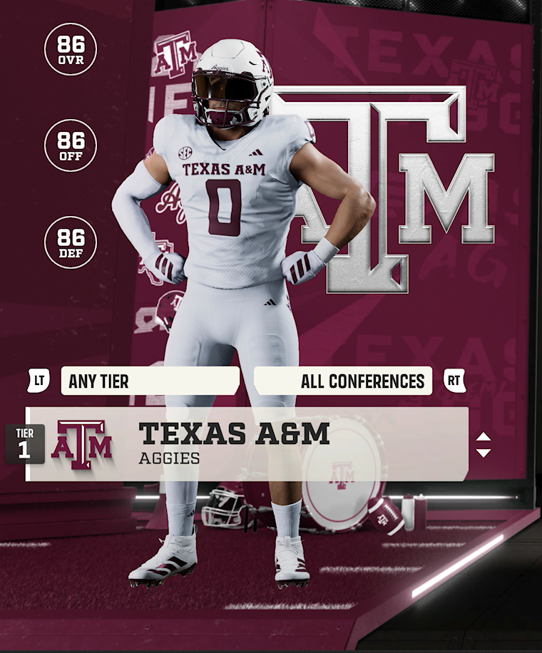 Texas A&M team card — Tier 1