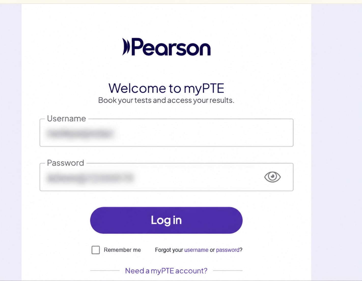 Pearson PTE official booking portal screen