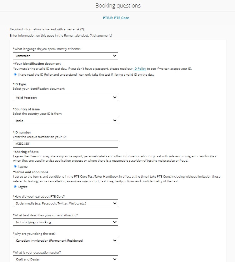 Pearson PTE booking questions and ID declaration screen