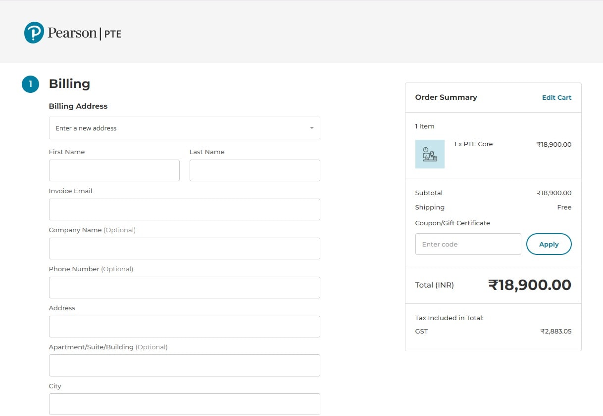 Pearson PTE checkout screen with Coupon/Gift Certificate box