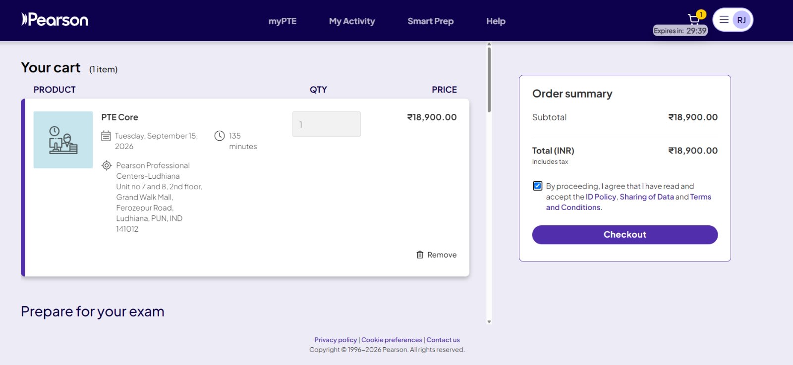 PTE Core booking review and cart screen