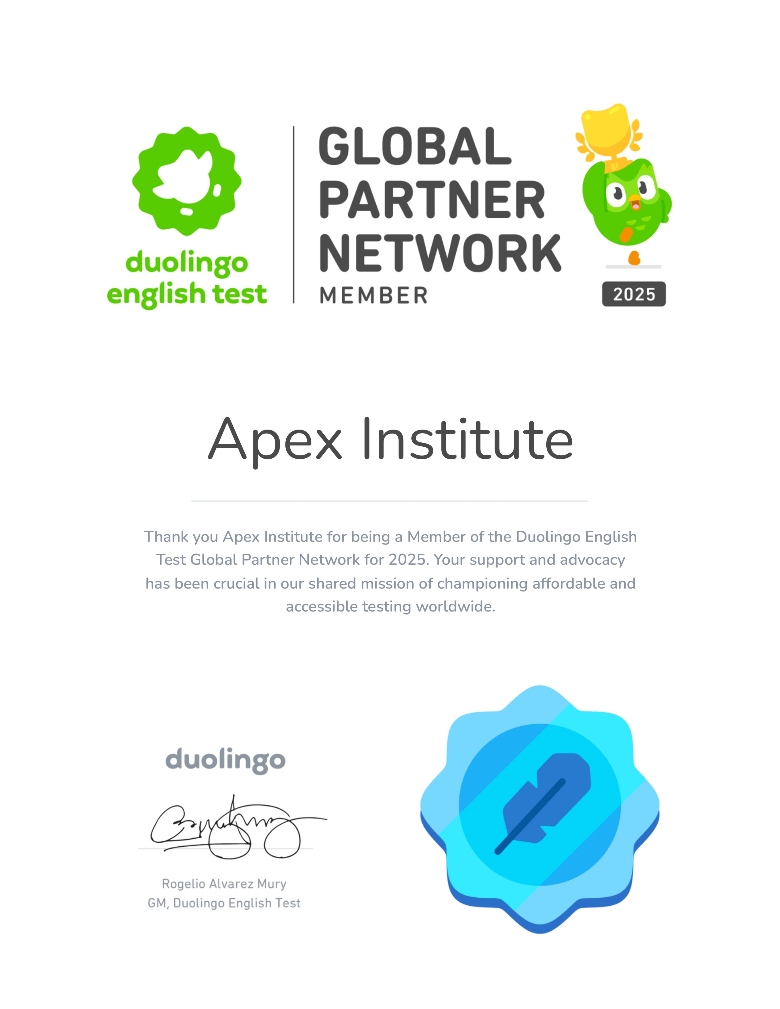 Duolingo English Test Global Partner Network Member 2025 Certificate presented to Apex Institute