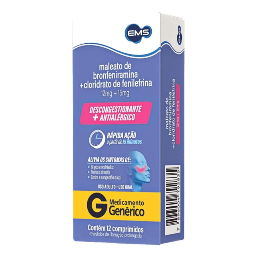 Maleato de Bronfeniramina + Cloridrato de Fenilefrina 12 comprimidos – Genérico EMS