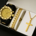 Kit Relógio Masculino Original + Corrente Cruz Banhado a Ouro 18k + Pulseira Luxo