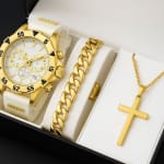 Kit Relógio Masculino Original + Corrente Cruz Banhado a Ouro 18k + Pulseira Luxo
