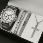 Kit Relógio Masculino Original + Corrente Cruz Banhado a Ouro 18k + Pulseira Luxo