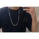 Corrente Cordão Com Pulseira Banhado Prata 925 Masculina 60Cm-70cm 4mm