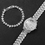 2 pçs/Set senhoras cheio de diamante forma romana relógio de quartzo Gypsophila pulseira de aço + conjunto pulseira diam