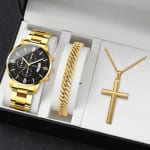 Conjunto De Relógio Masculino Elegante De Aço Inoxidável , Calendário De Quartzo Com Colar Cruzado , Tom Prateado