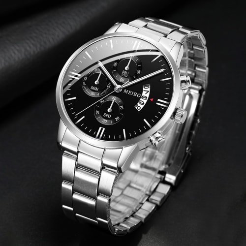 Relógio Empresarial Masculino De Aço Inoxidável , De Calendário Prateado Com Pulseira Correspondente