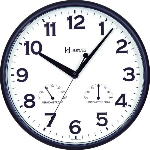 Relógio De Parede Preto Temperatura Umidade Herweg 660072 26cm
