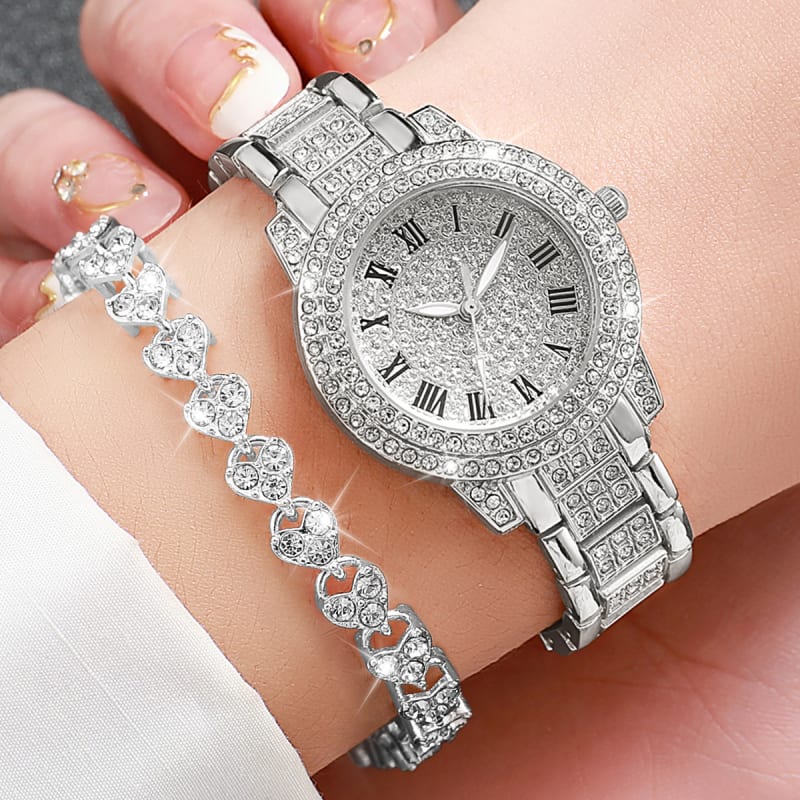 2 pçs/Set senhoras cheio de diamante forma romana relógio de quartzo Gypsophila pulseira de aço + conjunto pulseira diam