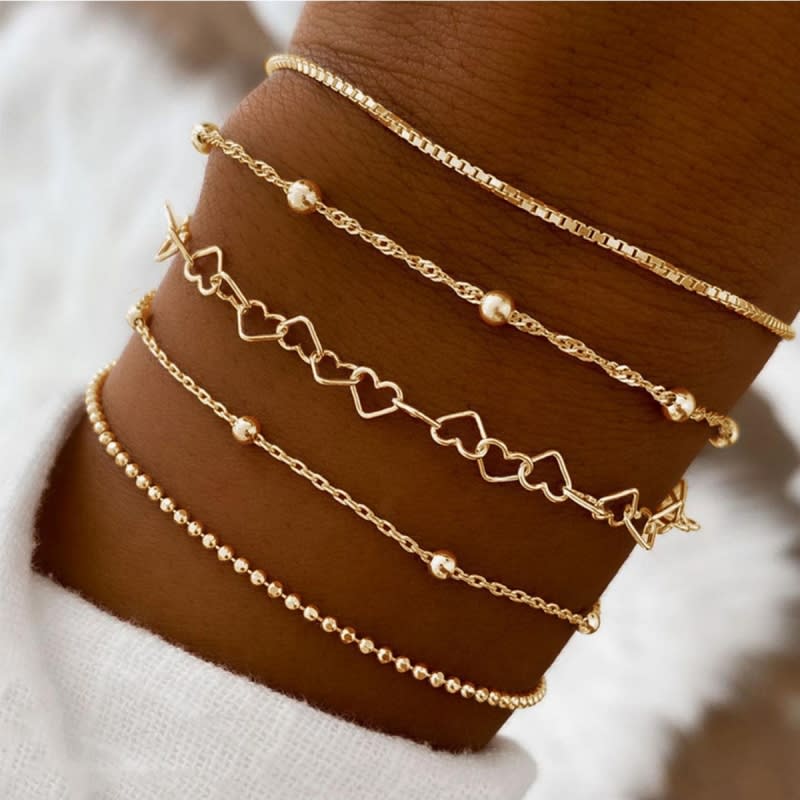 Conjunto De Pulseira Com Corrente De Coração Para Mulheres , Joias Em Camadas Ajustáveis , Presente Minimalista De Amor