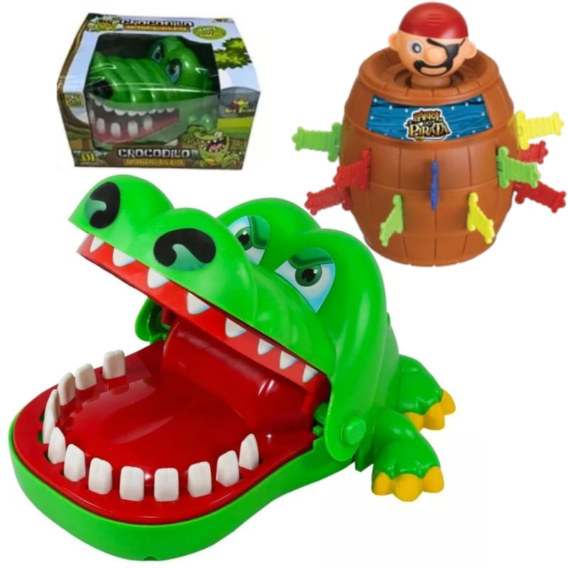 2 Brinquedos Jogo Jacaré Crocodilo Morde Dedo e Pula Pirata Barril