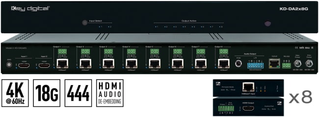 Key Digital KD-DA2x8G, 2x8 4K/18G POH HDBaseT HDMI distribution amplifier & switch