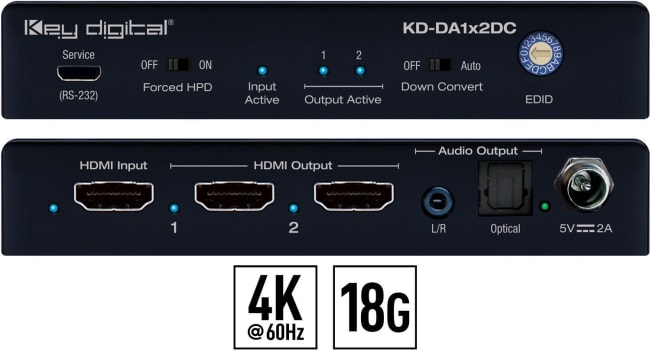 Key Digital KD-DA1x2DC, 1x2 HDMI Distribution Amplifier - 4K - 18G *