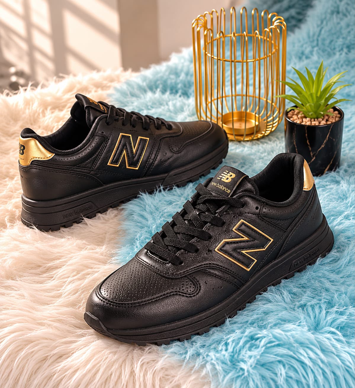New Balance 480 black sneakers featuring gold
