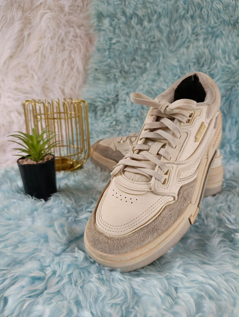 lilac and gray lace-up sneakers
